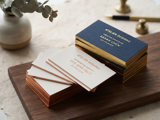 Atelier Designs luxury copper and gold foiled cards on textured 600 GSM cotton stock