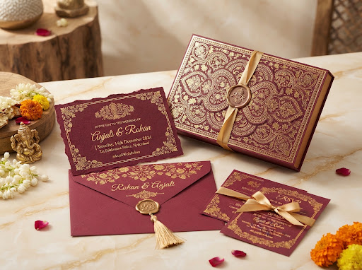 Royal Maroon and Gold Foil Intricate Indian Wedding Invitation Box