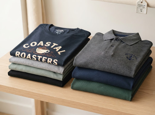 Folded high density screen printed cotton t-shirts and corporate pique polo shirts