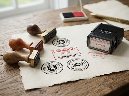 Commercial self inking Trodat rubber stamps and traditional brass wood seal stamps on cotton paper